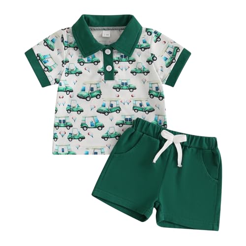 Image of Infant Toddler Baby Boy Golf Outfit Summer Lapel Collar Short Sleeve Button T-shirt Shorts Pants Set 2Pcs Golfing Clothes