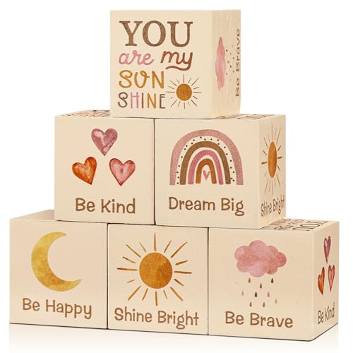 Image of 6 Pcs 1.6 Inch Inspirational Boho Rainbow Nursery Decor Baby Wooden Sun Clouds Rainbow Decor Wood Blocks Boho Rainbow Centerpiece Watercolor Shelf Decor for Nursery Bedroom Playroom Decor