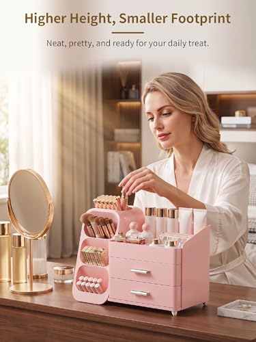 Image of Booklov Makeup Organizer for Vanity, Large Capacity Cosmetic Display Case with Drawers, Countertop Beauty Storage Holder for Skincare, Brush Eyeliner Perfume Eyeshadow Lipsticks, Counter Desk, Pink