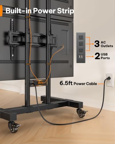 Image of Perlegear Rolling TV Stand for 32-70 Inch Dual Screens, Holds up to 99 lbs Each, Mobile TV Stand with Power Outlet and Lockable Wheels, Tilt & Height Adjustable TV Cart, Max VESA 600x400mm, PGTVC31B