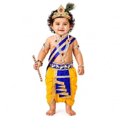 Image of Raj Fancy Dresses Krishna Dress for Kids, Baby Krishna Dress for Janmashtami with Krishna Mukut, Peacock Feather & Flute Embroidered Krishna Costume for Girl & Boy, 3 Months-8 Years