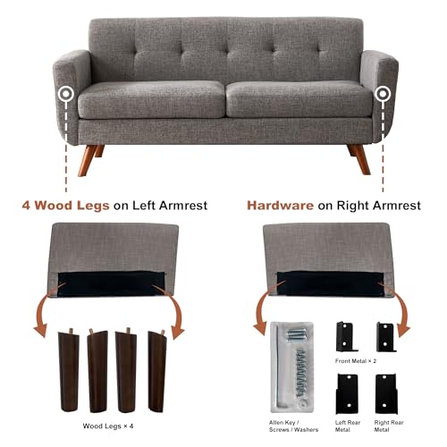 Tbfit 65" W Loveseat Sofa, Mid Century Modern Love Seat Couches for Living Room, Button Tufted Upholstered Small Couch for Bedroom, Solid and Easy to Install Love Seats Furniture, Grey