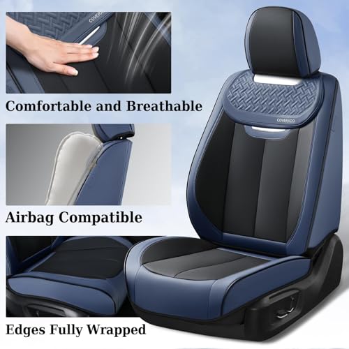 Image of Coverado Front Seat Covers, Breathable Nappa Leather Car Seat Cover, Universal Seat Covers for Cars, Waterproof Car Seat Protector, Driver Seat Cover Fit for Most Cars(Blue&Black)
