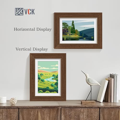 Image of VCK 5x7 Picture Frame 5 Pack, Brown Wood, 4x6 Mat, Glass, for Portrait