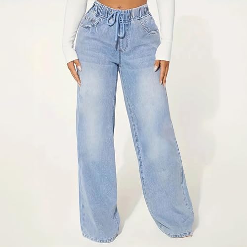 Denim Sweatpants Drawstring Women Wide Leg Jeans Loose Fit Palazzo Elastic Jeans Lightweight Stretch Denim Bottoms4