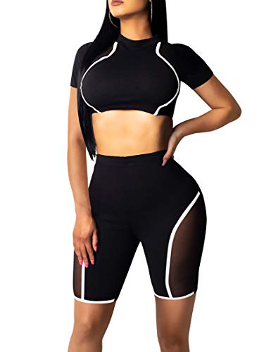 BORIFLORS Women's Sexy 2 Piece Outfits Club Rompers Sport Crop Top and Shorts Set,Medium,White