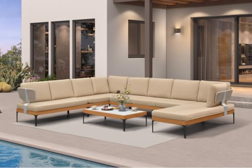 Image of PURPLE LEAF Patio Furniture Set Outdoor Sectional Sofa with Coffee Table Fade-Resistant Cushions Wicker U-Shaped 9 Pieces Aluminum Conversation Sets for Balcony Yard Poolside Garden, Khaki