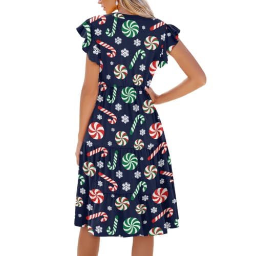 Image of Women's Casual Ruffle Sleeve Dress V Neck Pullover Dress Flowy A-Line Pleated Lightweight Dress with Pockets