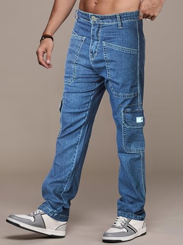 Image of RIG BONE Men's Relaxed Fit Cargo Jeans with Functional Pockets Comfortable High Rise Design Durable Denim Mid Wash Ideal for Casual Wear Travel Outdoor and Urban Adventures