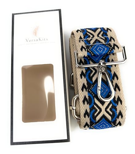 Image of Ivory Blue Boho Diamond Purse Strap with Silver Hardware 2 Inch Wide Replacement Crossbody Guitar Style Shoulder Strap for Handbags Totes