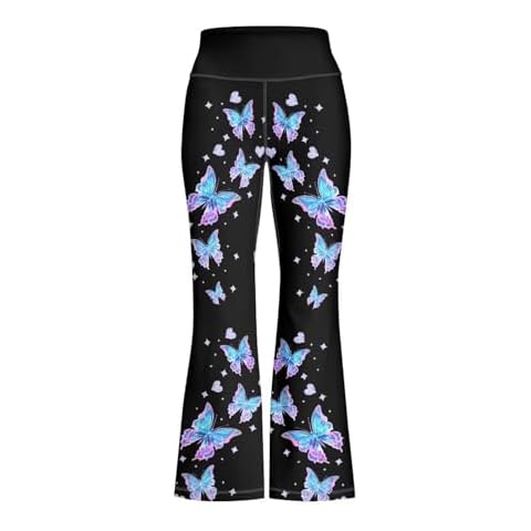 ELEDIZI Girls Flare Leggings Aesthetic Blue Butterfly Pants for Teen Girls Wide Leg Pants Teen Girl Clothes for School Bootcut Yoga Pants for Kids,High Waisted Bell Bottoms Tummy Control Cover