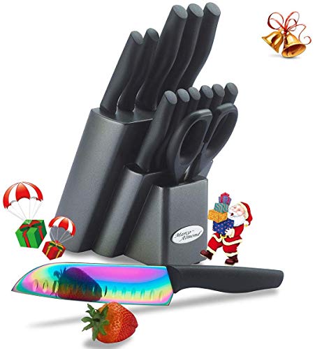 DISHWASHER SAFE KYA 25 Rainbow Titanium Knife Block Set, kitchen Knives Set
