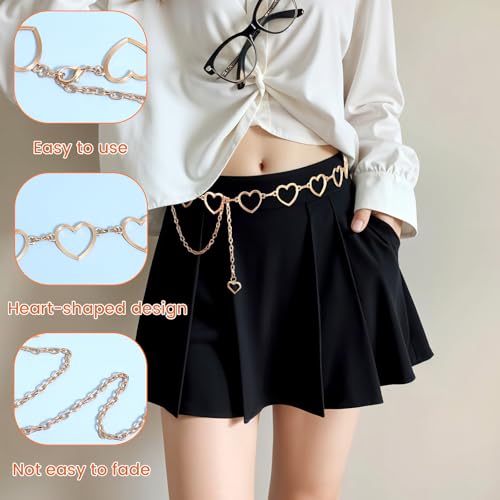Chain Belts For Women Fashion Waist Chain Rhinestone Gold Belts Adjustable Metal Body Belly With Heart Design For Dress Jeans Bikini Jewelry Heart Waist Bikini Chains3