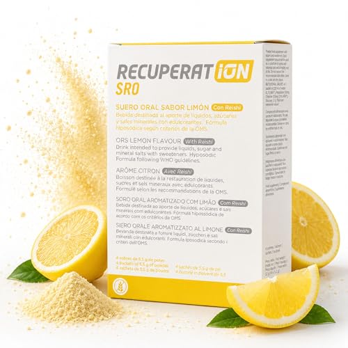 Suero Oral Natural en Polvo con Reishi y Prebiótico para Flora Intestinal Inmunidad Digestiva Niños y Adultos Sabor Limón Sin Gluten Ni Lactosa Pack 4 Sobres Apto Veganos | RECUPERATION