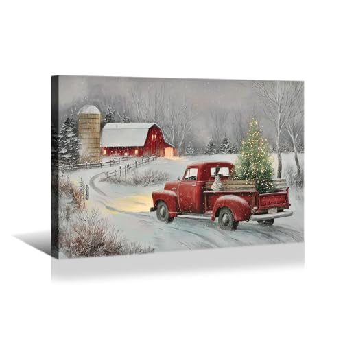 YONICA Red Truck Christmas Canvas Wall Art 30x20 Inch, Driving