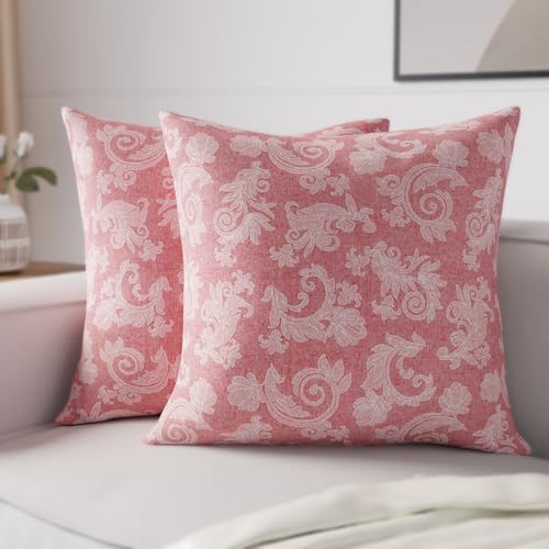 Image of Encasa XO Chambray Cotton Floral Cushion Covers | Red (Set of 2) I 16 inchx16 inch (40x40 cm) I Covers Only, No Insert I Decorative Floral Square Pillowcase I Machine Washable