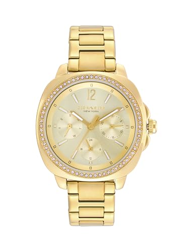 Image of Coach Kitt Qtz Multifunction Gold Tonneau Dial Women's Watch|Ionic Plated Thin Gold Steel Material|Gold Color Band - 14504393