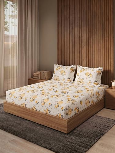 Image of DDECOR Live Beautiful 100% Compact Combed Cotton Floral King Flat Bedsheet with 2 Pillow Covers | Rotary Print 145TC | Perfect for Everyday Bedroom Use | Cresta Collection|2.24 x 2.54 M|Kumquat Yellow