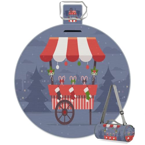 Shimoshe Christmas Cart Picnic Outdoor Blanket Foldable Waterproof Sandproof Beach Blanket Portable Water-Resistant Round Picnic Mat for Travel Camping Park Lawn