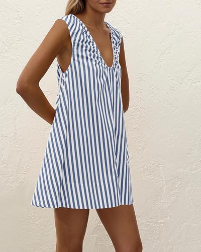 Image of OLAPTA Women Summer Sleeveless Babydoll Mini Tank Dresses Loose Fit Scoop Neck Ruched Short Dress with Pockets Party Clubwear