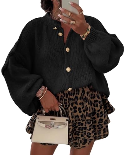 Womens Cropped Cardigan Chunky Knit Button Up Sweater 2025 Fall Lantern Sleeve Jacket Coats2