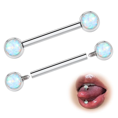 ESHIONER G23 Titanium Tongue Bars Nipple Bars Nipple Piercing Jewellery 14G 12mm Length 4mm Opal Straight Barbell Piercing Jewellery Women Men 2PCS