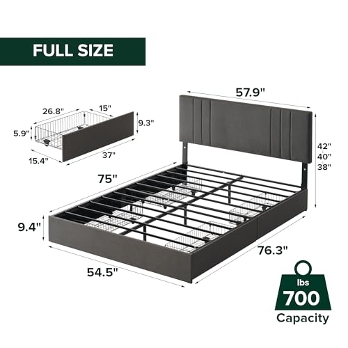 Image of Zinus Billie Platform Bed Frame, Four Underbed Storage Drawers, Height Adjustable Headboard, Upholstered Style, Full
