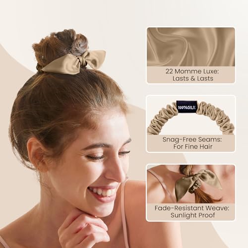 Image of THXSILK 100% Mulberry Silk Bow Scrunchies 3-Pack, 22 Momme Mulberry Silk Hair Ties for Women, Cute Bunny Ear No Damage Ponytail Holders, Fashion Hair Accessories for Girls(S, Taupe)