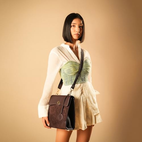 Image of Theater Peggy Satchel Bag for Women | Vintage Structured Crossbody Handbag | Faux Leather Panel with Turn Lock Closure | Classic Medium Shoulder Purse