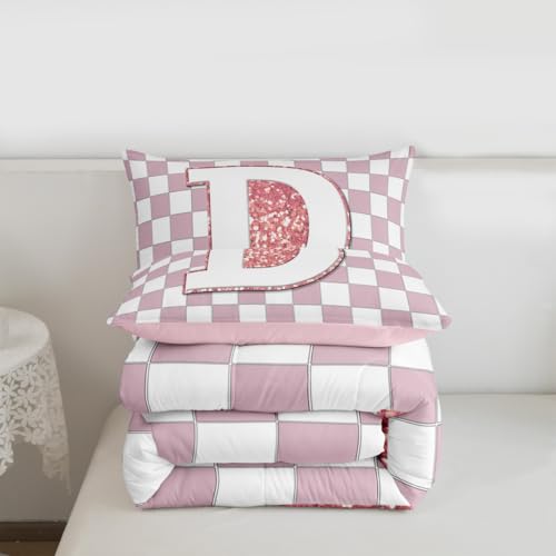 Image of Erosebridal Pink Initial D Kids Comforter Sets Kawaii Plaid Checkered King Bedding Set for Girls Teen Women Cute Personalized Monogram Comforter Set,Fashion Grids Gingham Quilt Duvet 3 Pcs