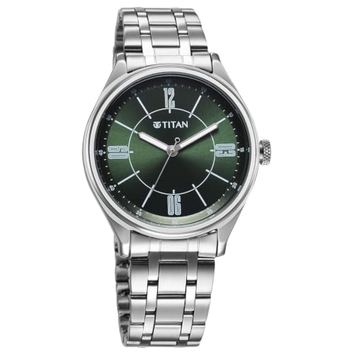 Image of Titan Plain 3 Hands Classique Green Round Dial Black Colour Stainless Steel Strap Mens Watch - 10024SM01
