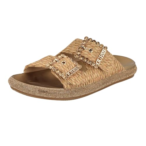 Guess Women's FUNZY Flat Sandal, Light Natural 110, 9