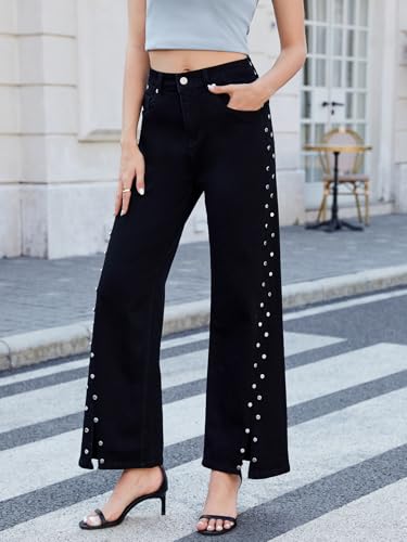 Ladyful Women's Straight Leg Jeans Stud High Waist Casual Stretch Denim Pants Embellished Split Jeans4