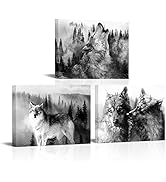OuElegent 3 Piece Wolf Canvas Wall Art Forest Animal Picture Paintings Black and White Wolves Pri...