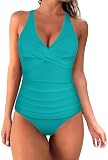 Hilor Tankini da donna costumi da bagno anteriore torsione scollo a V top da bagno controllo pancia due pezzi costumi da bagno arricciati costumi da bagno, Bluebird Blu, 44