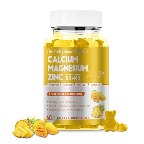 Calcium Magnesium Zinc Gummies with Vitamin D3 & K2 for Bone Muscle & Immune Support - High Potency Enhanced Absorption - 60 Mango Pineapple Gummies
