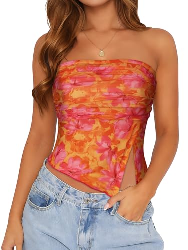 Tube Top Strapless Mesh Floral Crop Tops Asymmetrical Hem Ruched Bandeau Going Out Summer Sleeveless Shirts(Orange Pink Floral Print M)