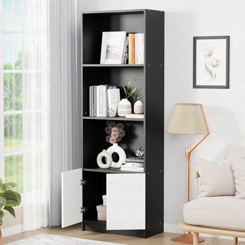 Image of Lukzer 4-Tier Engineered Wood Bookshelf with Cabinet (MR-020-Black) Multipurpose Wooden Book Shelf Showcase | Tall Storage Cabinet Bookcase for Home & Office | Modern Display Shelf (178 x 60 x 30 cm)