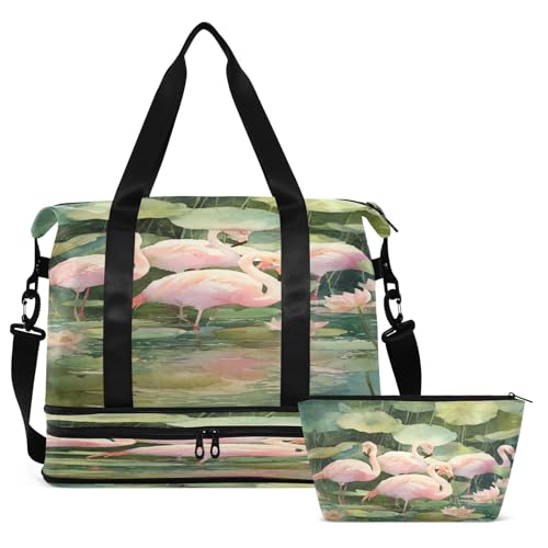 Flamingo Green Travel Duffel Bag for Women Men Gym Bag with Shoe Compartment Wet Pocket Carry On Weekender Overnight Bags for Hospital Gym Travel