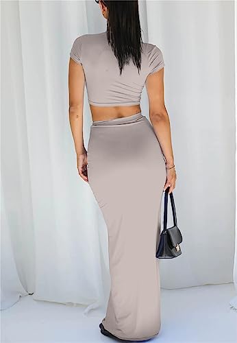 Image of Two Piece Skirt Set for Women 2 PC Y2K Outfits Short Sleeve Crop Tops Bodycon High Waist Long Maxi Skirts