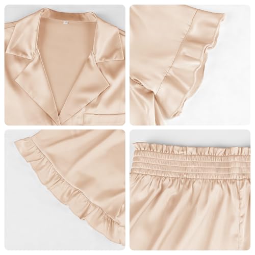 Image of KFUBUO Silky Satin Pajamas for Women Set Short Sleeve Button Down 2 Piece Pjs Shorts Sets Soft Sleepwear Loungewear