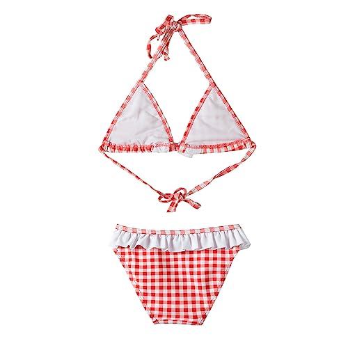 Mud Kingdom Beach Sport Swimsuit for Little Girls Ruffle Plaid Bow Knot Halter with Pleated Hem Bottom Bikini Set 2 Piece Red and White Check Size 7-82