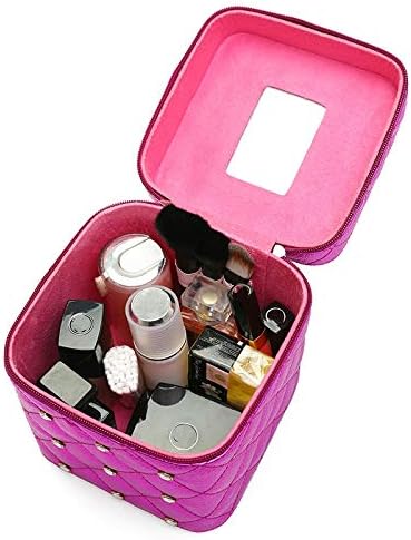 Miniatura 4 de Bolsa de cosméticos para mujer, bolsa de cosméticos de cuero portátil, estuche de cubo de lavado, remaches de diamante, estuche de tocador para