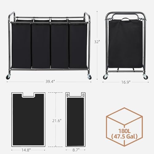 Image of STORAGE MANIAC Laundry Sorter 4 Section, 47.5 Gal (180 L) Laundry Hamper with Wheels, Clothes Divider Basket Sorter, Separator Hamper Cart with Removable Bags, Black