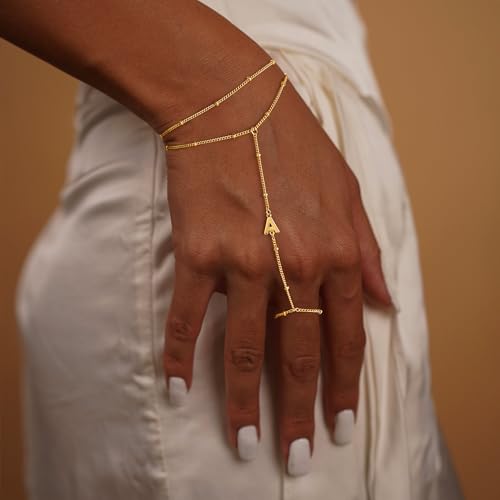 M MOOHAM Initial Hand Chain for Women - Dainty Gold Ring Bracelet Hand Chain for Women Trendy, Letter A-Z Initial Link Charm Bracelets Personalized Gold Jewelry Gifts4