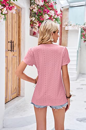 Zeagoo Womens Short Sleeve Tops Casual V Neck Lace T-Shirts Petal Sleeve Shirt Eyelet Pleated Loose Blouses #TOP4