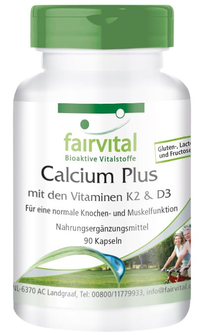 Fairvital Calcium Plus con las vitaminas K2 y D3-90 cápsulas. Dosificación segura. Combinación sinérgica. Calidad probada. Fabricado en Alemania