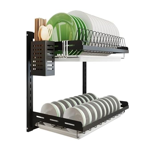 Kitchen Dish Rack,hanging Silverware Dish Drying Rack Organizer Storage Shelf over the Sink,2 Tier Wall Mount Bowl Holder with Drain Tray,Stainless Steel Black Coating (2 Tier, 16)