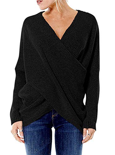 YOINS Pull Femme Col V Pullover Sexy Chandail Manches Longues Sweater Mode Traverser Tricoté Haut Automne Hiver Nouveau-Noir M