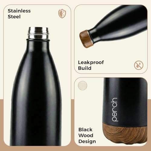Image of Perch Retro Stainless Steel Water Bottle 980 ml | Hot & Cold Flask | Vacuum Insulated | ISI Certified | Leak Proof | BPA Free | for Office, School, Gym, Home & Travel | Wooden Black | Crafted by Pexpo